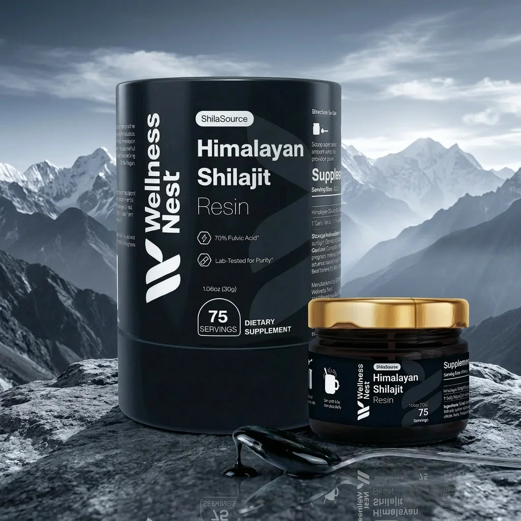 Wellness Nest ShilaSource Himalaya Shilajit Harz Dose und Glas